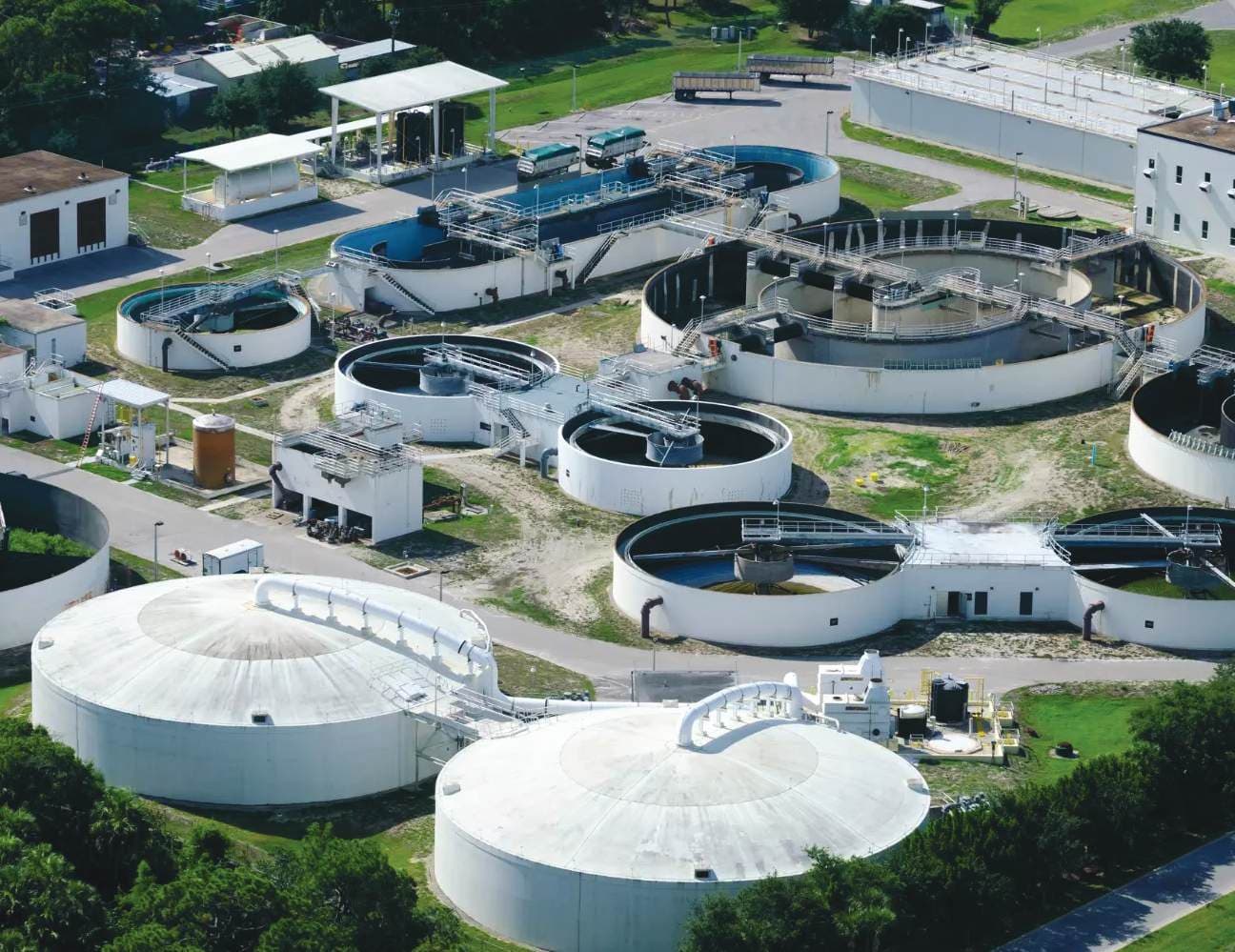 Aerial view of a modern water and wastewater treatment plant